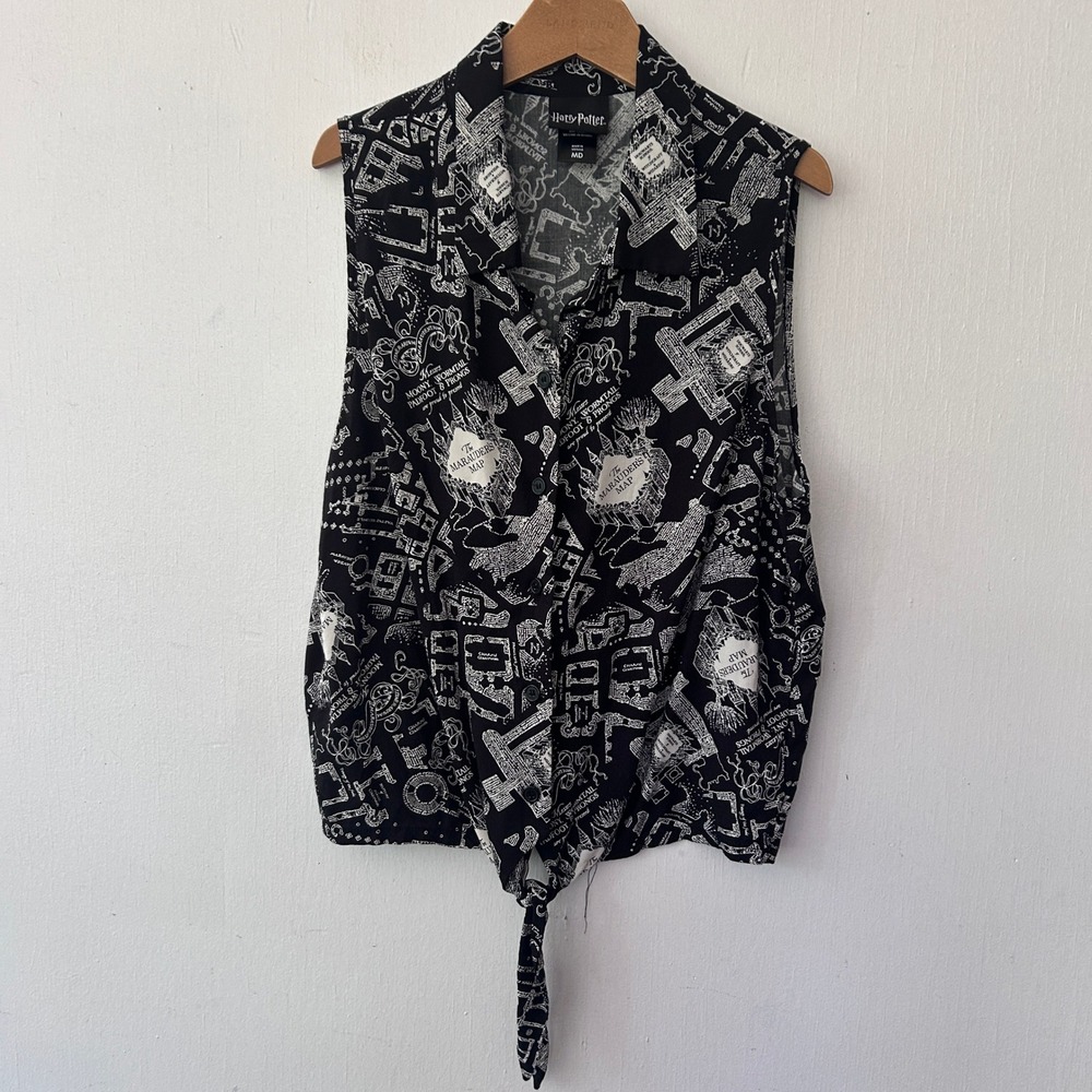 Harry Potter Marauders Map Top Women Med Black Sleeveless Tie Front Wizardcore